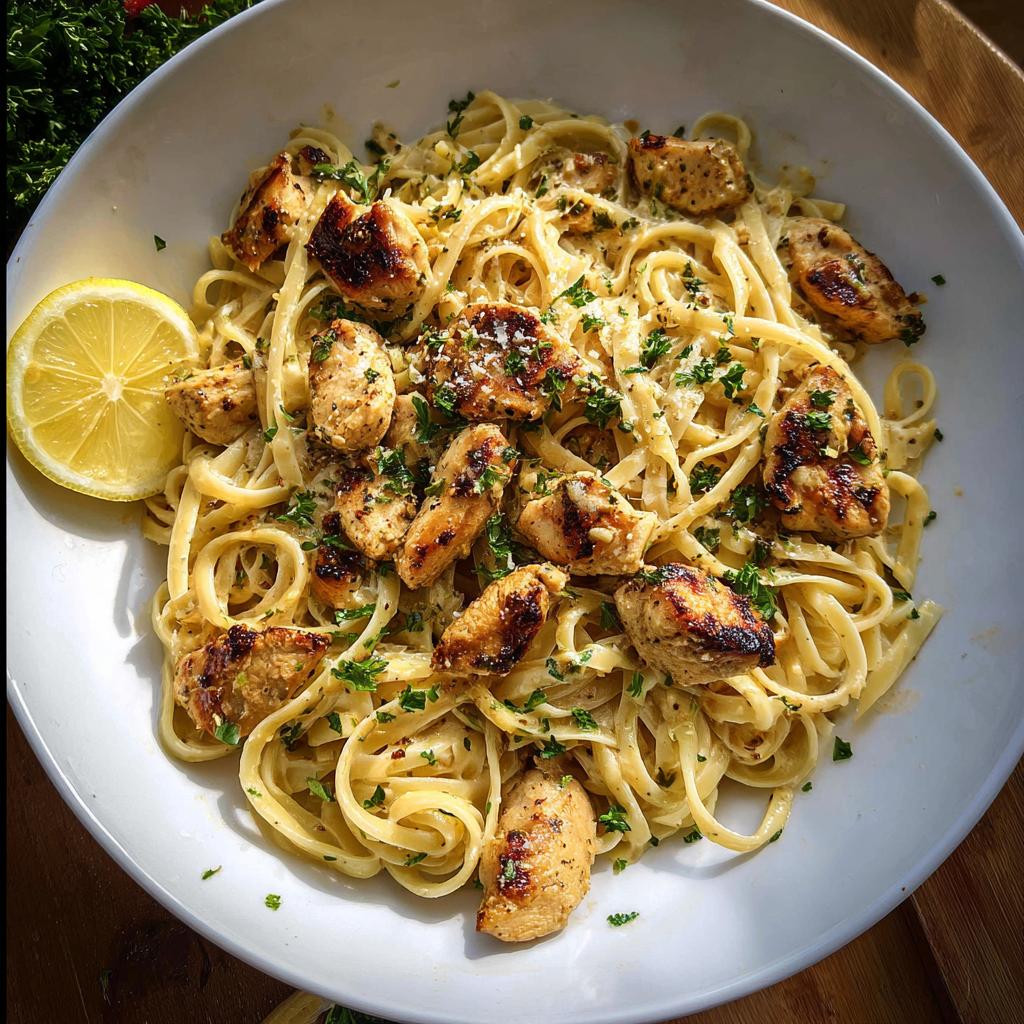 A close-up of Creamy Garlic Parmesan Chicken Pasta featuring grilled chicken pieces, linguine, and fresh parsley.
