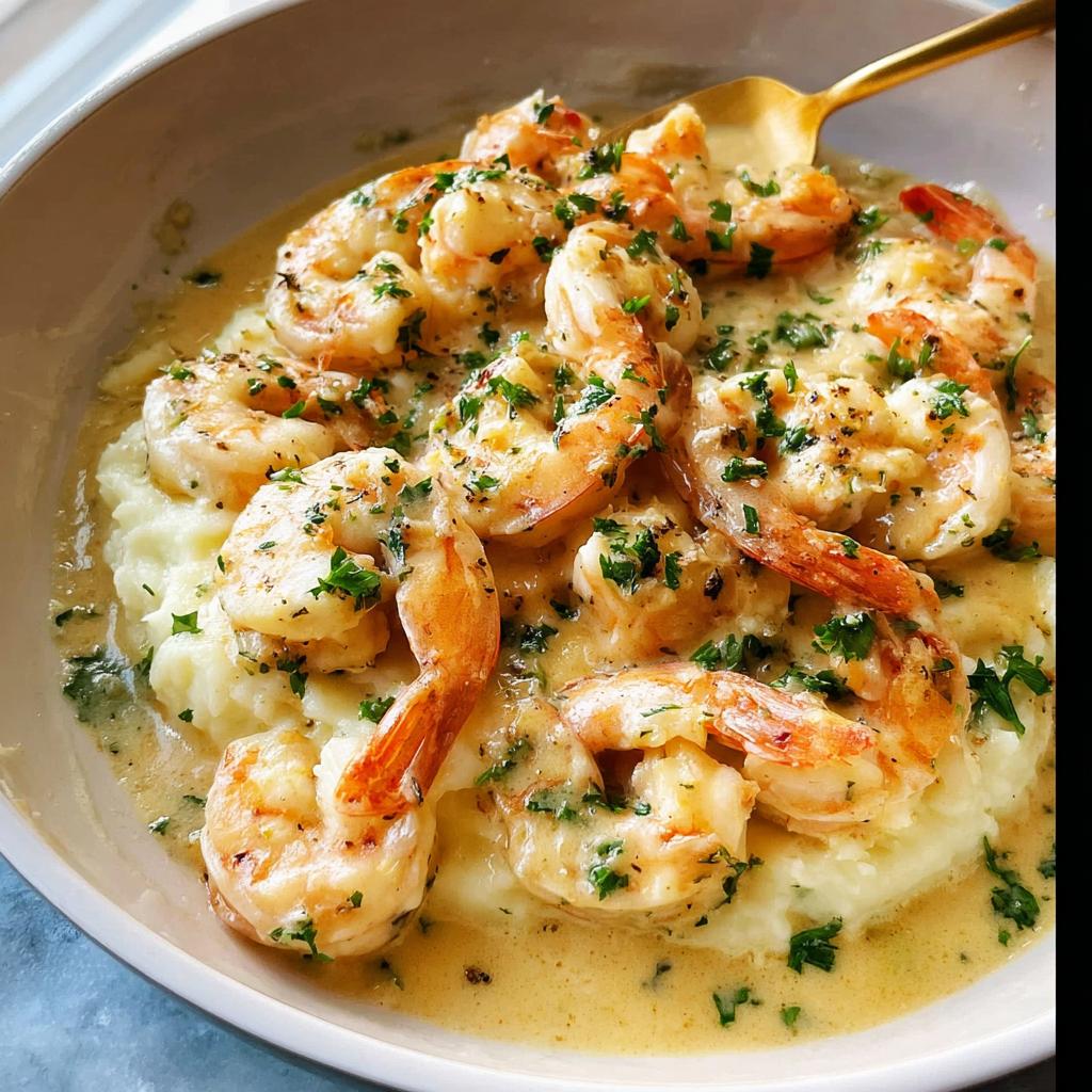 A bowl of creamy garlic shrimp served over fluffy mashed potatoes, garnished with fresh parsley.