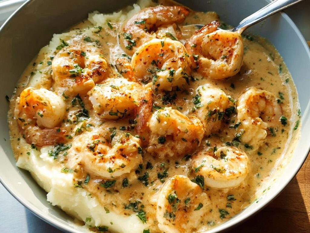 A close-up of creamy garlic shrimp served over fluffy mashed potatoes, garnished with fresh parsley.
