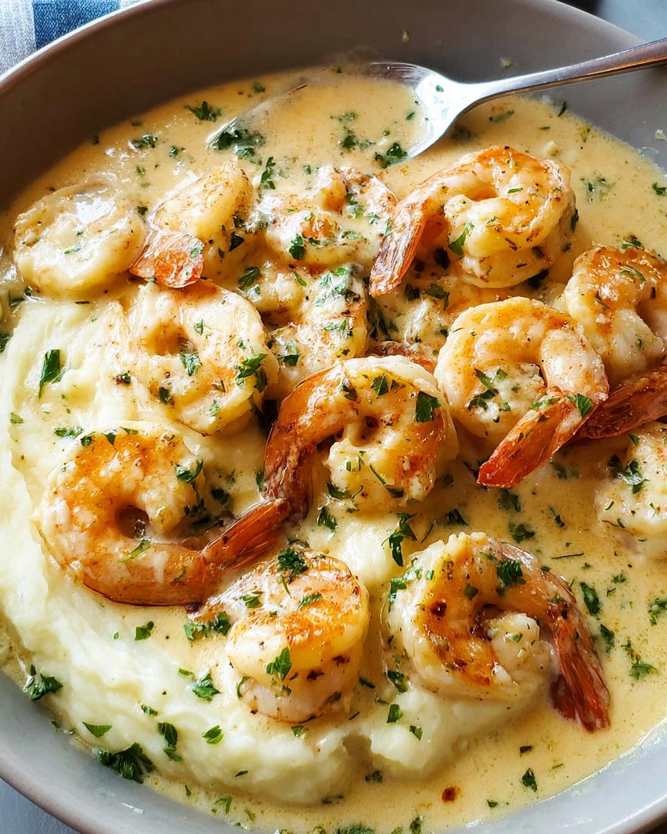 Close-up of succulent Creamy Garlic Shrimp Over Mashed Potatoes, garnished with fresh parsley.