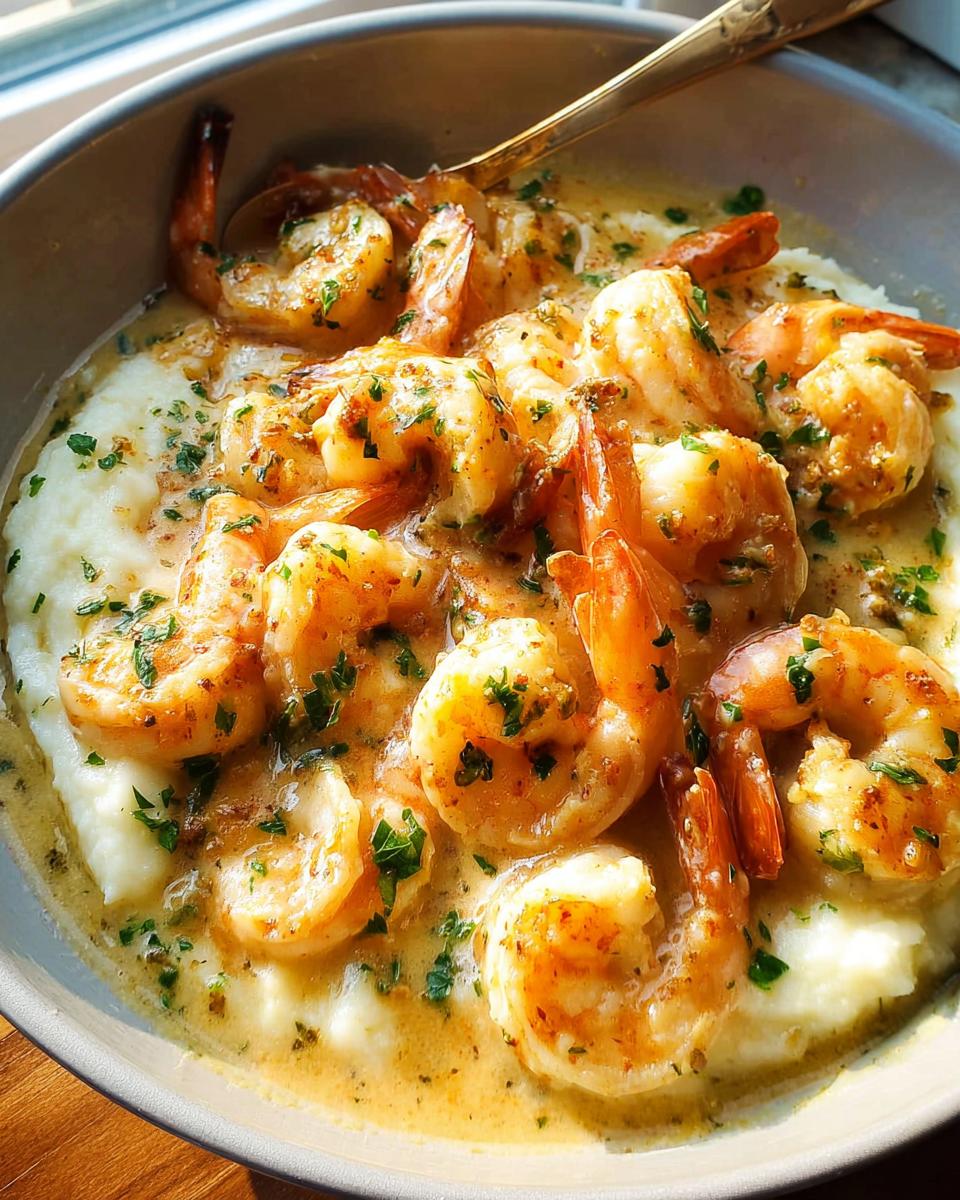 A close-up of Creamy Garlic Shrimp Over Mashed Potatoes in a bowl, garnished with parsley.