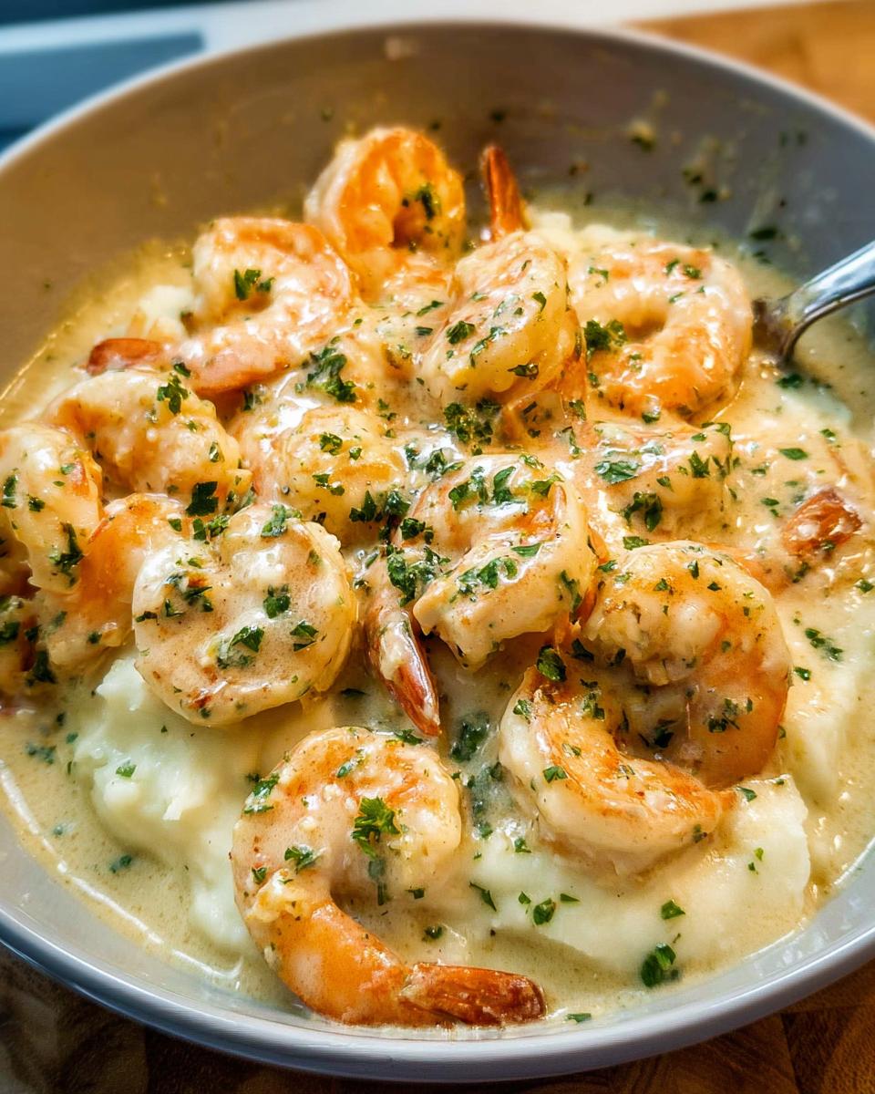 A close-up of creamy garlic shrimp served over fluffy mashed potatoes, garnished with parsley.