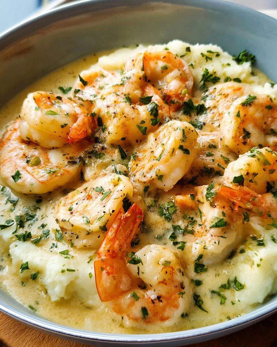 Close-up of creamy garlic shrimp served over fluffy mashed potatoes, garnished with parsley.