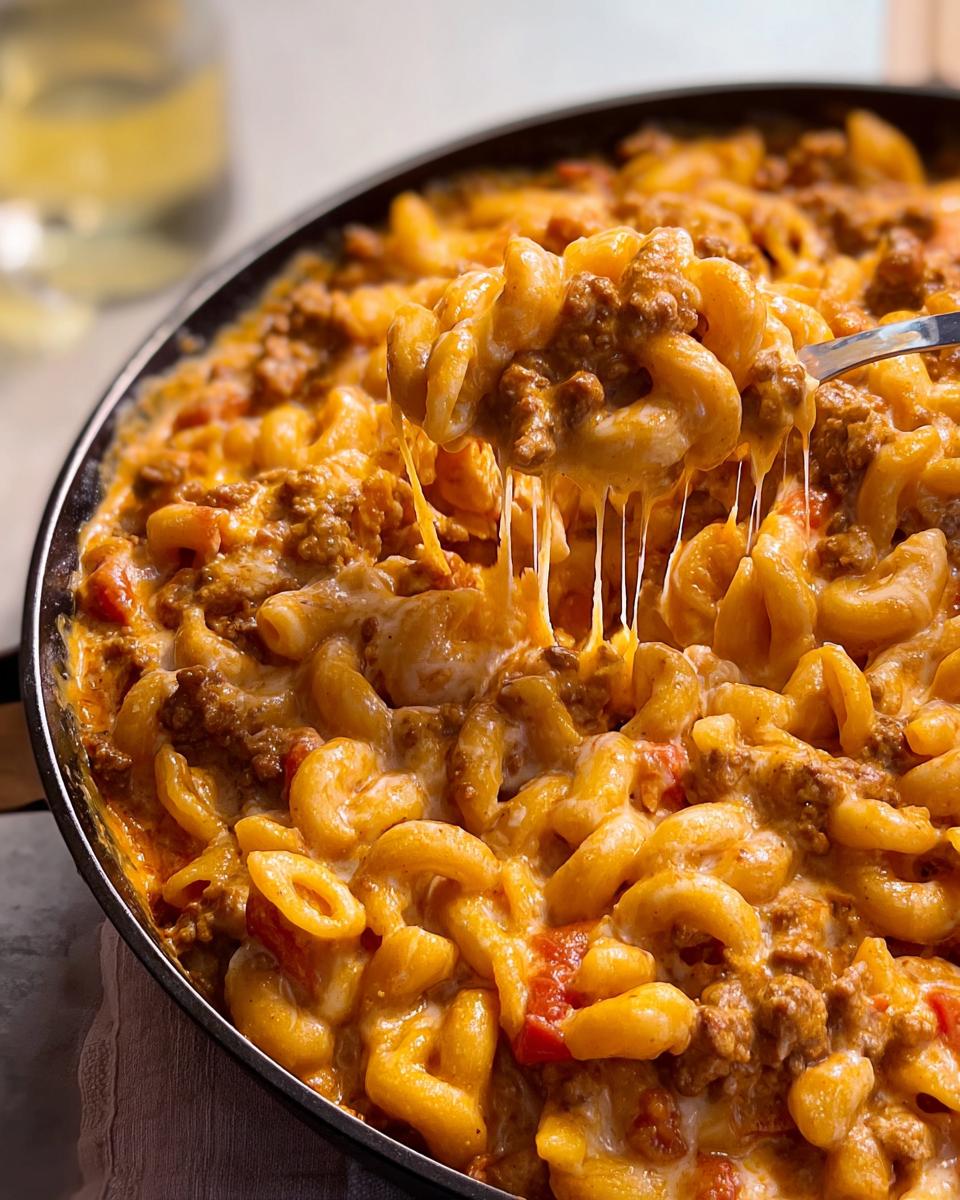 A spoonful of cheesy Creamy Hamburger Skillet lifted from the pan, showing long cheese pulls.