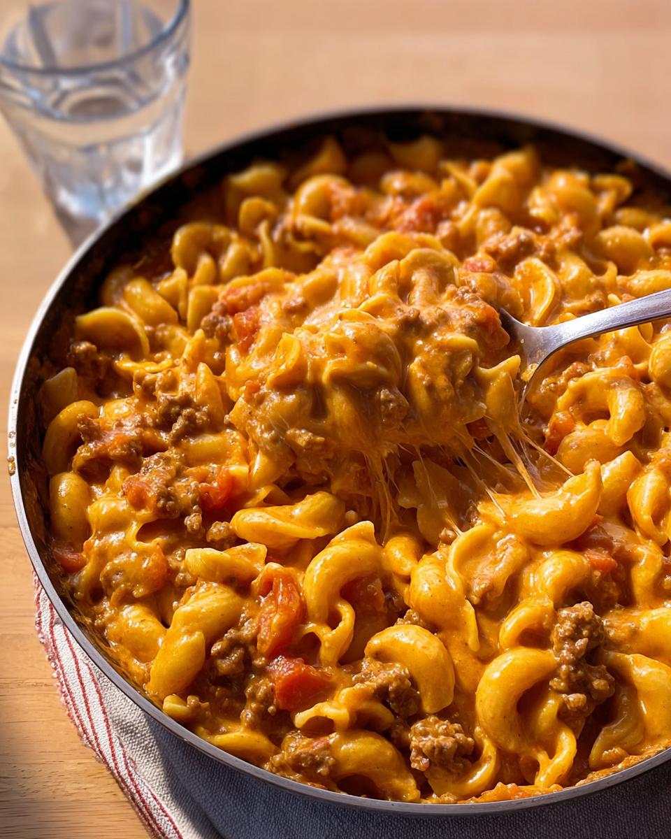 A spoonful of cheesy Creamy Hamburger Skillet showing a cheese pull over the rich ground beef and pasta mixture in a skillet.