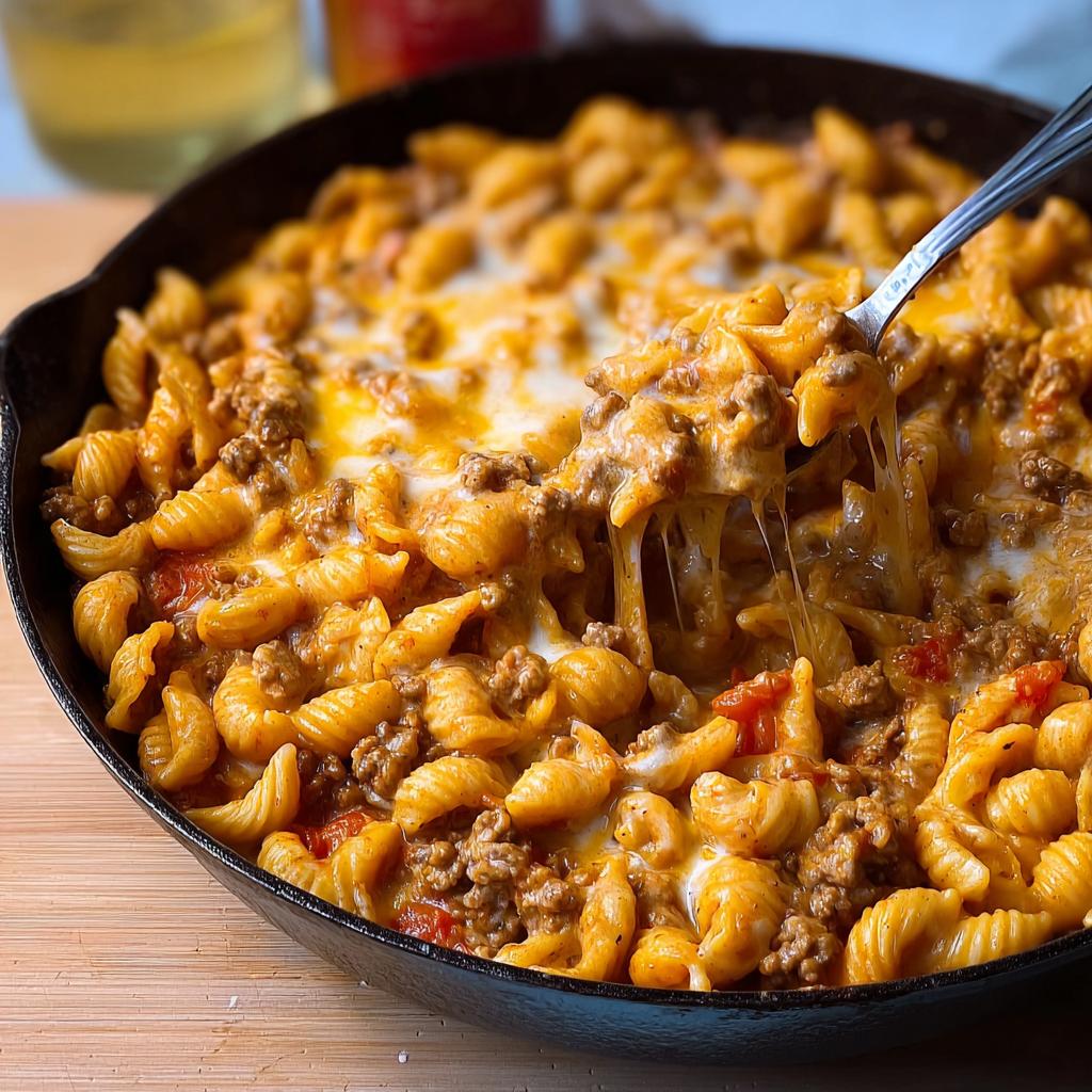 A spoonful being lifted from a skillet full of Creamy Hamburger Skillet, showing long, melted cheese pulls.