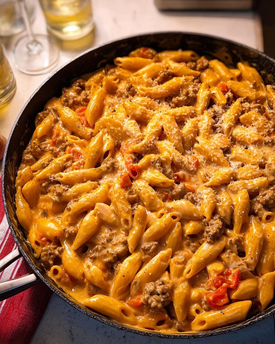 Close-up of a skillet filled with creamy hamburger skillet pasta, featuring penne noodles, ground beef, and a rich orange sauce.
