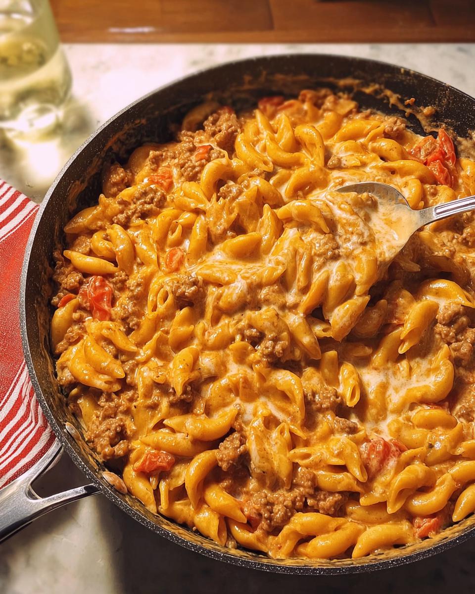 A close-up view of the finished Creamy Hamburger Skillet, featuring elbow macaroni coated in a rich, orange sauce with ground beef and tomatoes.