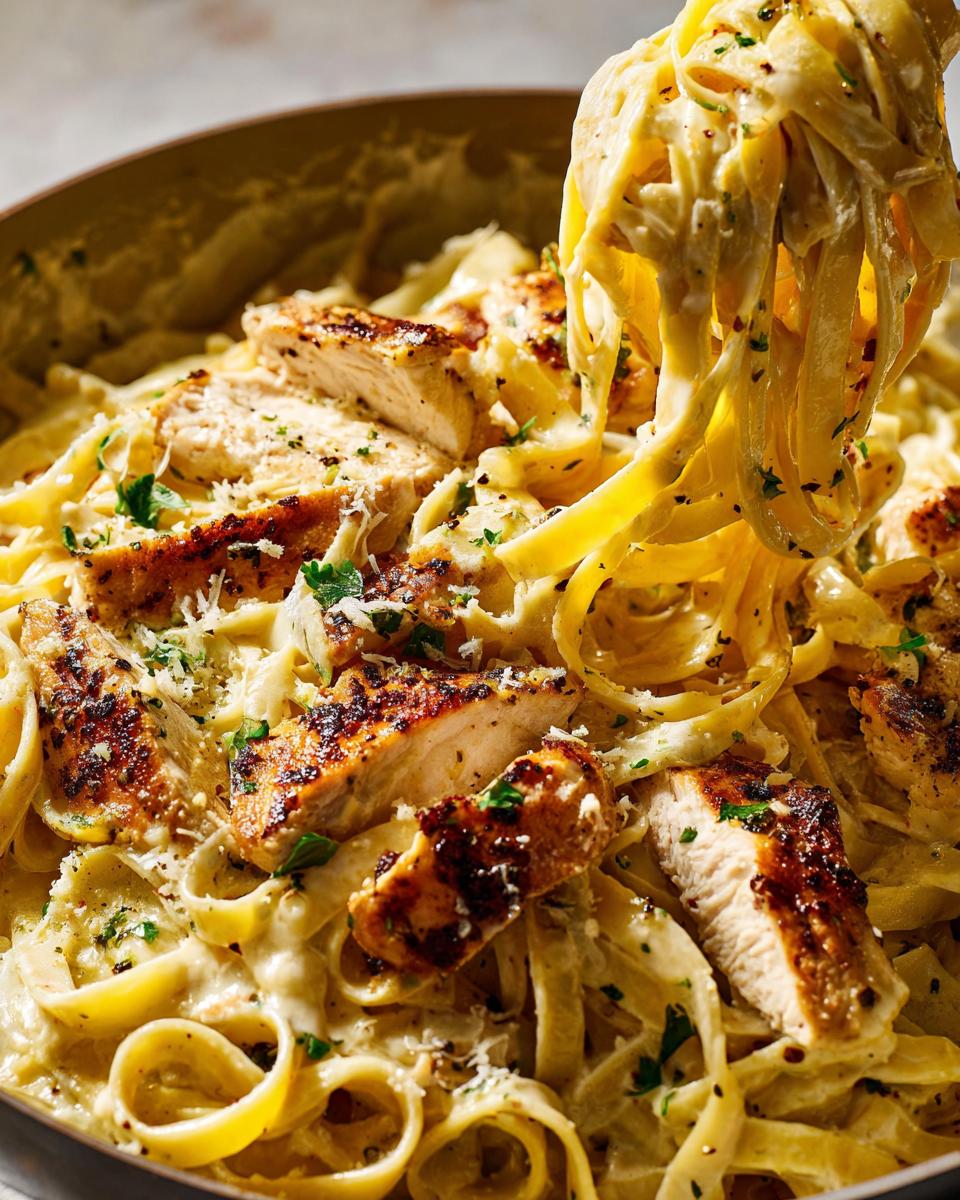 A close-up shot showing fettuccine noodles coated in a creamy sauce, topped with sliced, seared chicken for Creamy Lemon Chicken Pasta.
