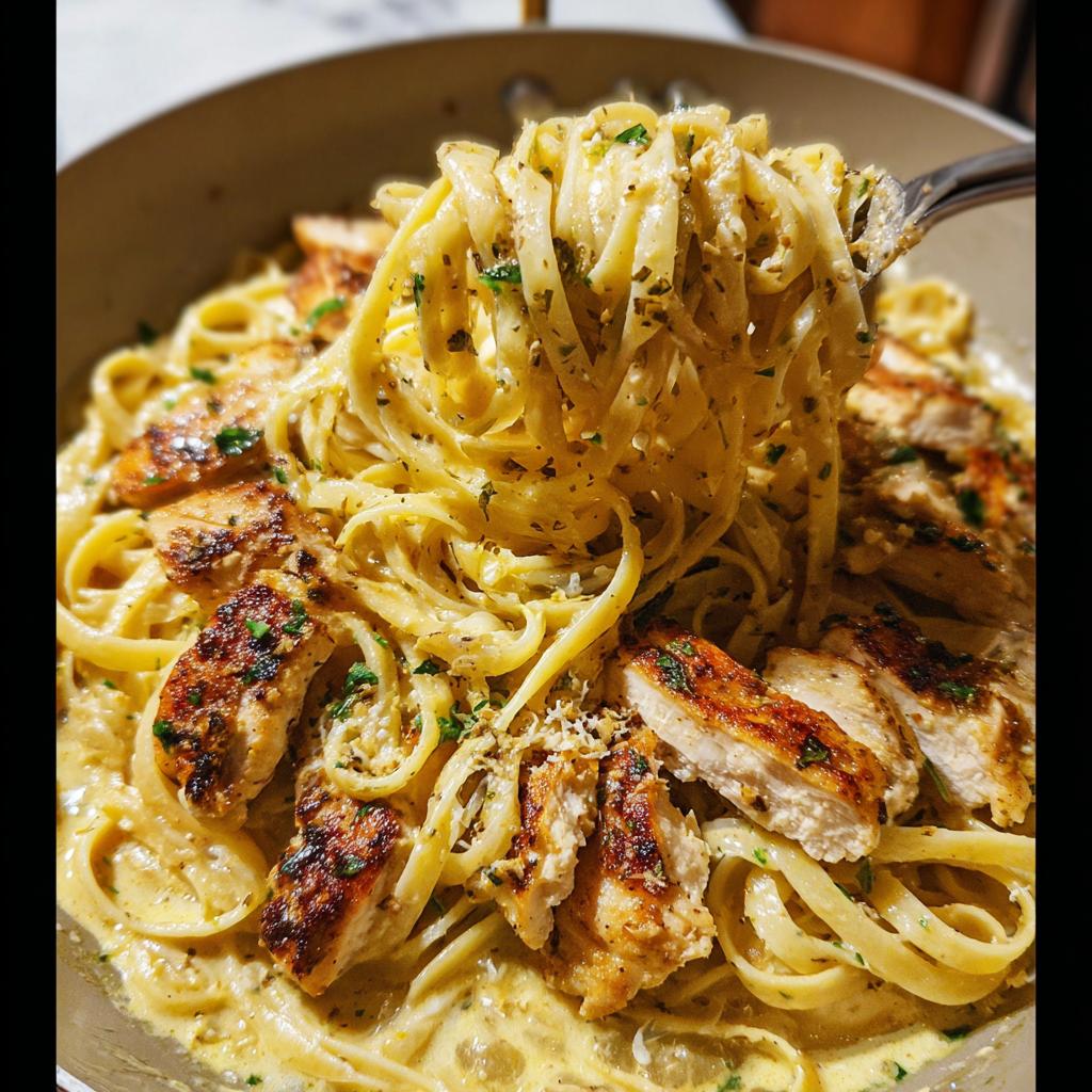 A fork lifts a twirl of fettuccine coated in sauce from a bowl of Creamy Lemon Chicken Pasta with sliced grilled chicken.