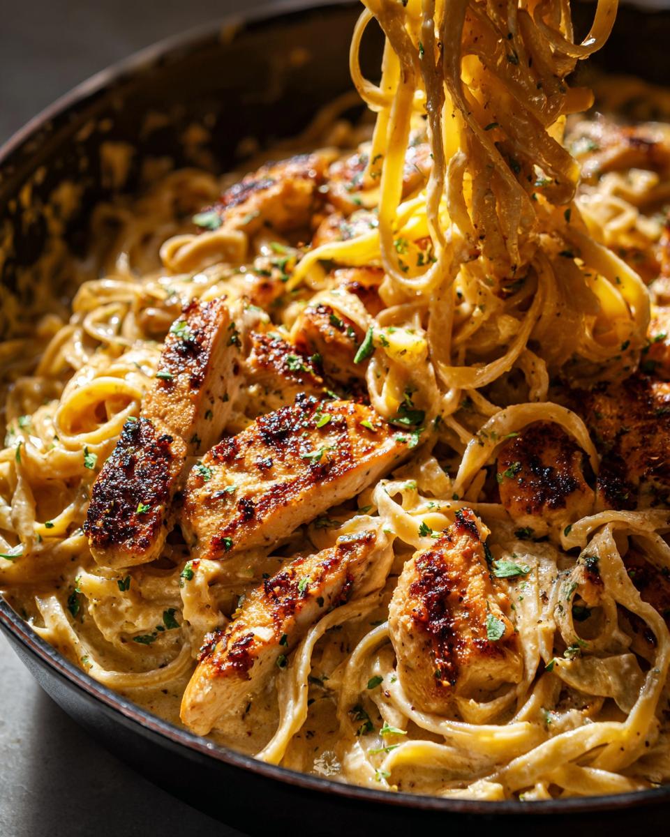 A close-up shot of Creamy Lemon Chicken Pasta being lifted from a skillet, showing seared chicken pieces and rich sauce.