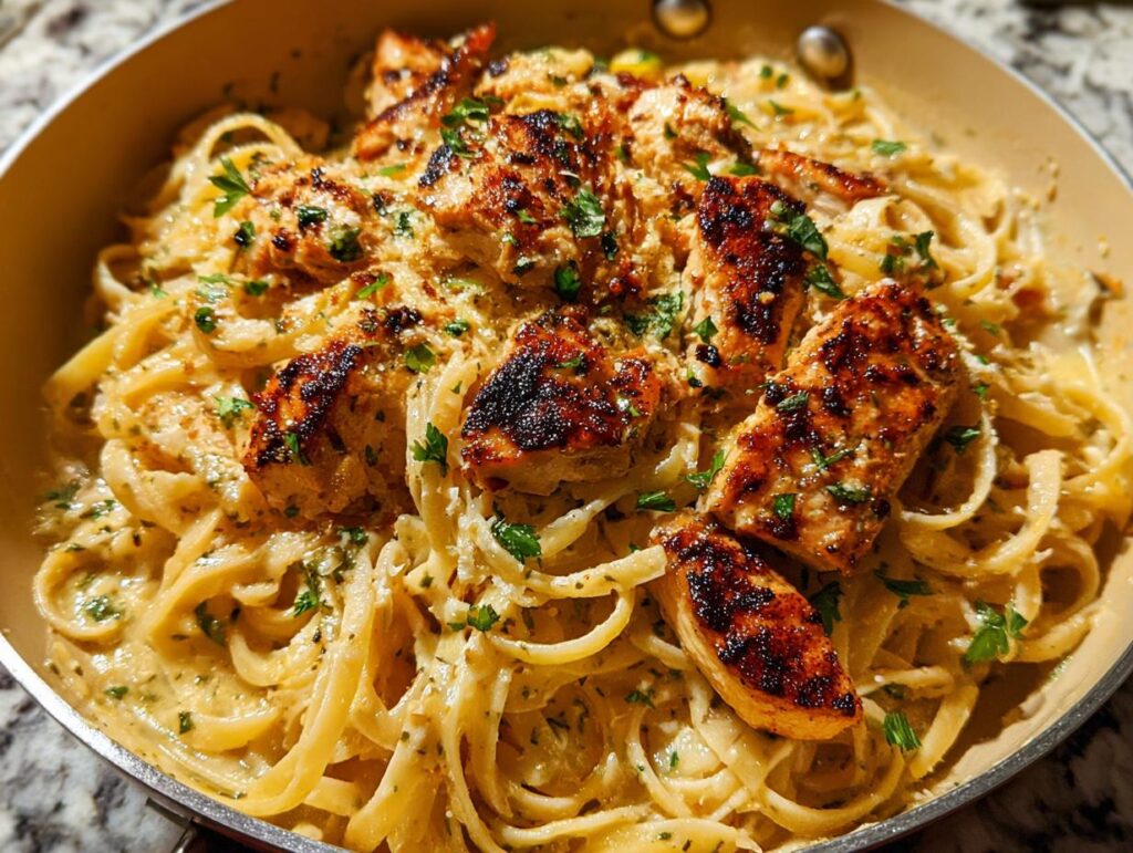 Close-up of Creamy Lemon Chicken Pasta featuring grilled chicken strips over linguine in a rich sauce.