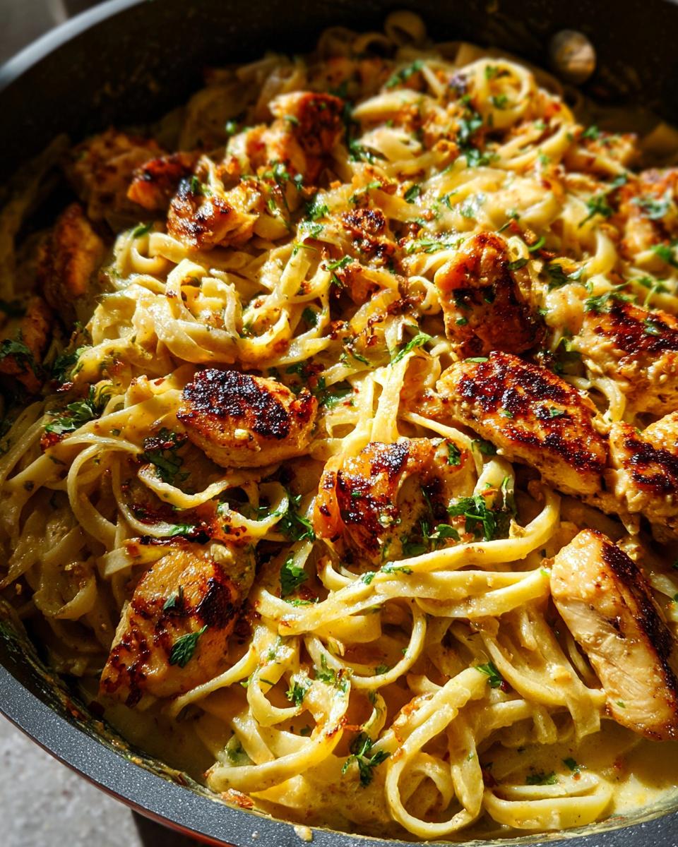 Close-up of tender pasta coated in a rich sauce with browned chicken pieces, representing Creamy Lemon Chicken Pasta.