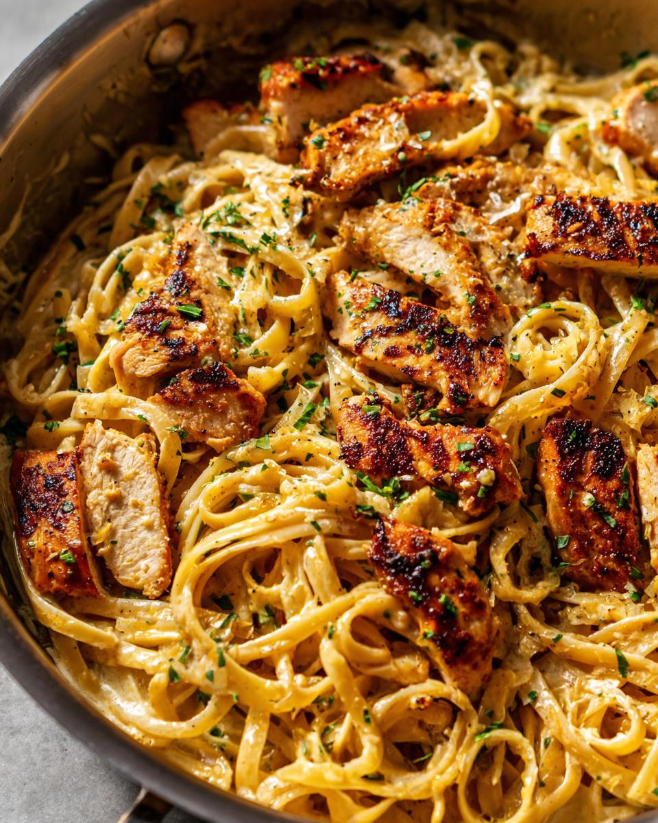 Close-up of rich, creamy lemon chicken pasta tossed with fettuccine and topped with grilled, sliced chicken pieces.
