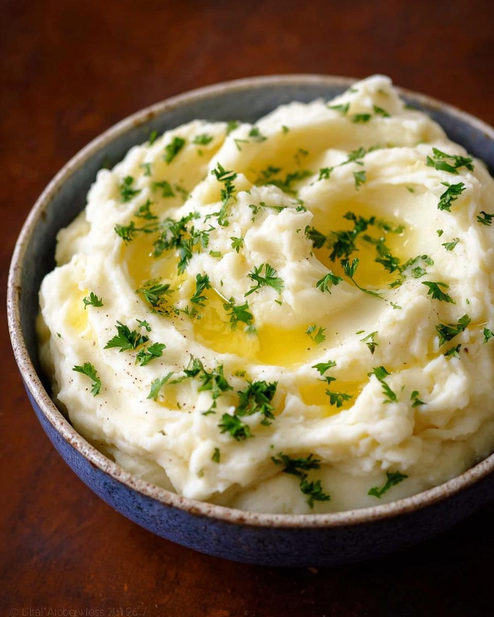 Close-up of fluffy Creamy Mashed Potatoes topped with melted butter pools and fresh chopped parsley in a blue bowl.