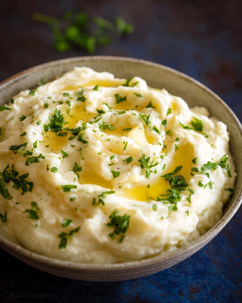 Close-up of a bowl filled with fluffy Creamy Mashed Potatoes, topped with melted butter and fresh parsley.