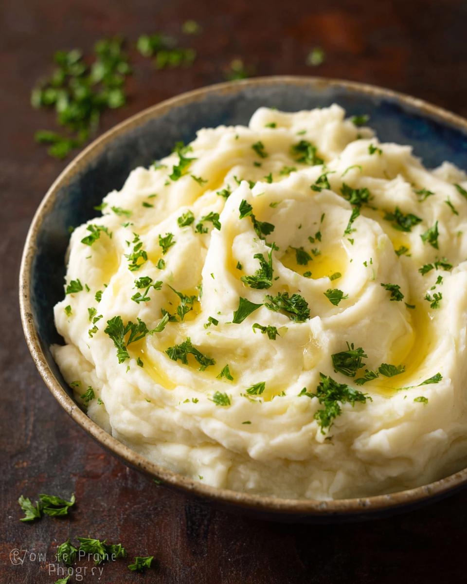 Close-up of fluffy Creamy Mashed Potatoes (Make Ahead) swirled in a blue bowl, drizzled with melted butter and topped with fresh parsley.