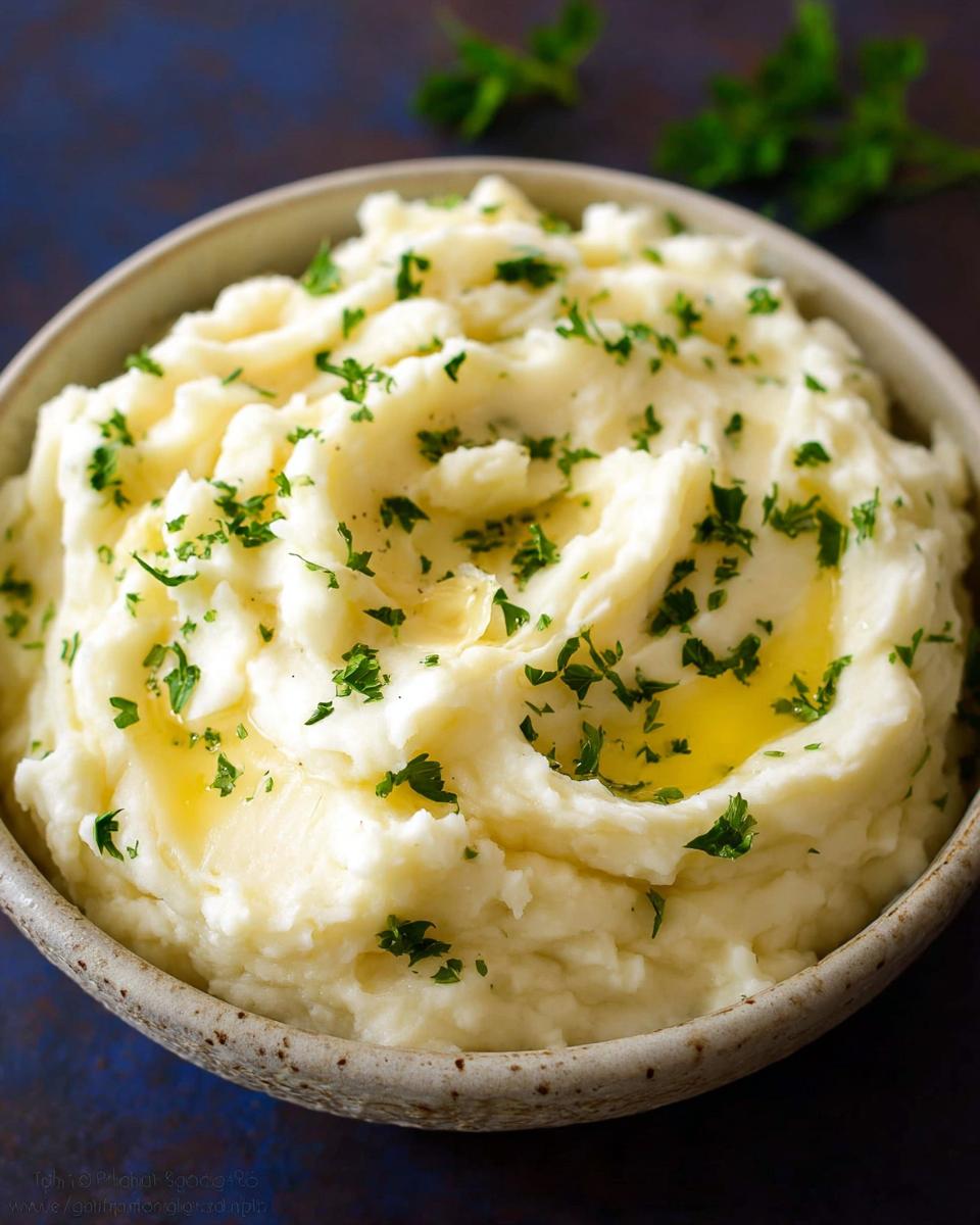 A close-up of fluffy Creamy Mashed Potatoes topped with melted butter pools and fresh chopped parsley.