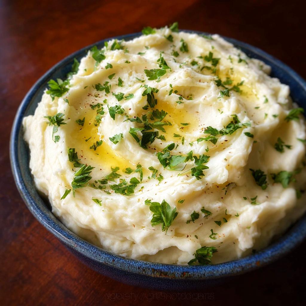 A close-up of fluffy Creamy Mashed Potatoes (Make Ahead) topped with melted butter and fresh parsley in a dark blue bowl.
