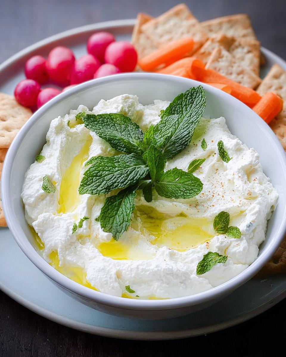 A bowl of creamy white dip topped with olive oil and fresh mint, served as one of the 25 Best NYE Snacks for a Crowd.