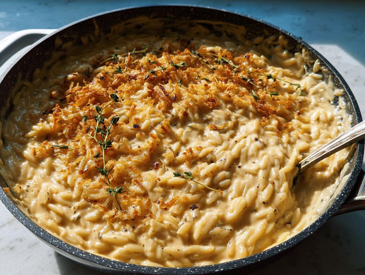 Close-up of a creamy orzo bake in a pan, topped with crispy breadcrumbs and fresh thyme.