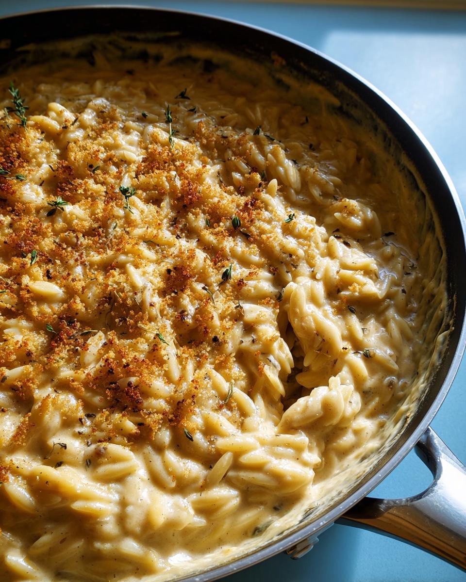 Close-up of creamy orzo pasta dish in a pan, topped with golden breadcrumbs and fresh herbs.