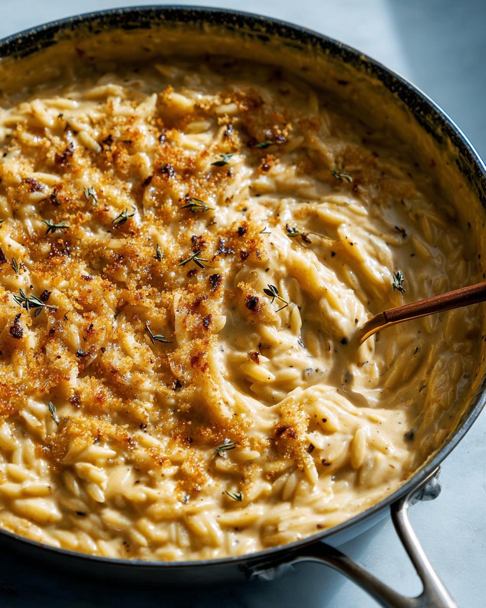 Close-up of creamy orzo pasta in a pan, topped with golden breadcrumbs and fresh thyme.