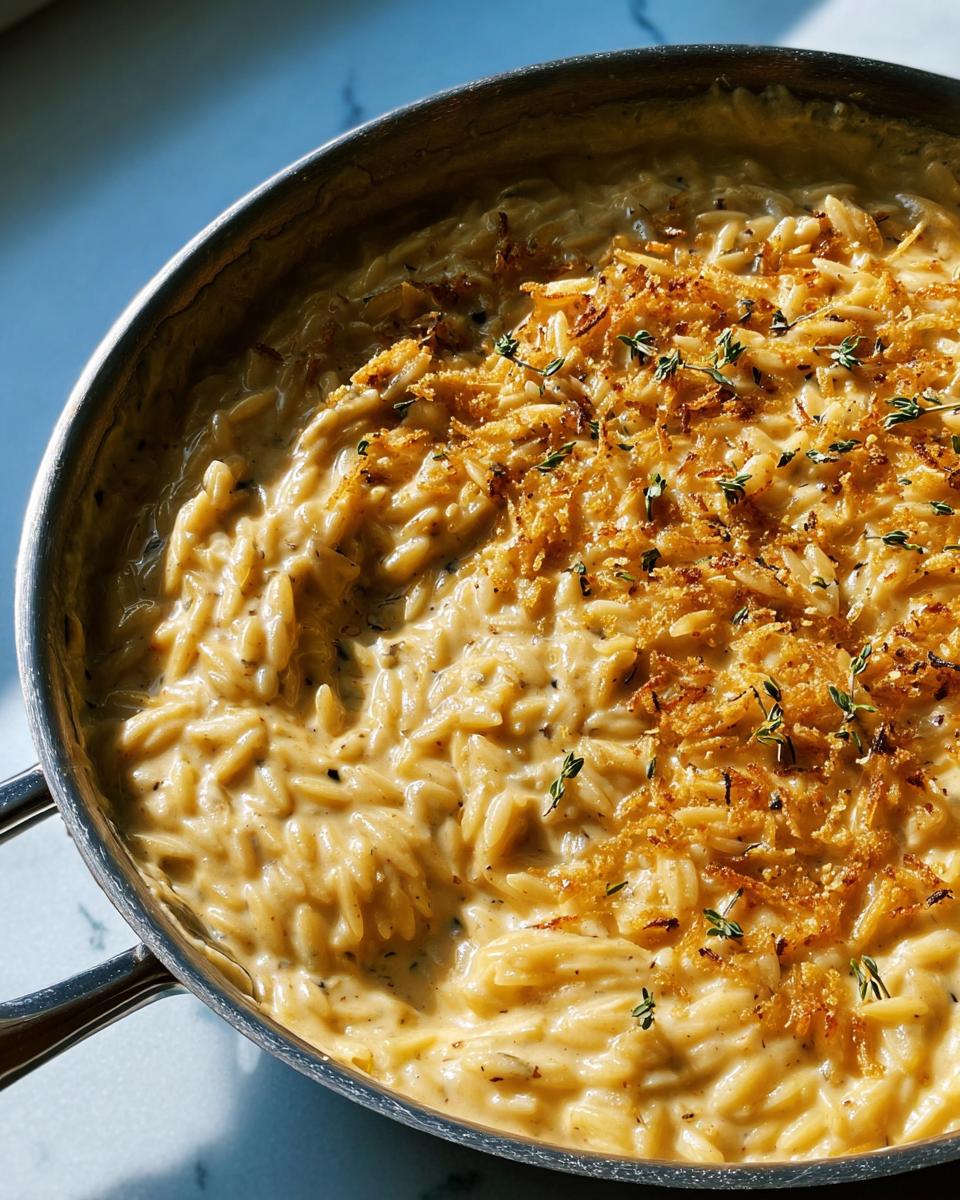Close-up of creamy orzo pasta dish with a golden breadcrumb topping and fresh thyme in a stainless steel pan.