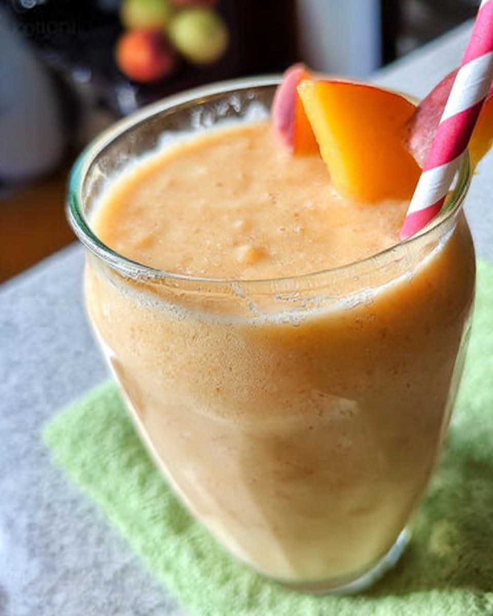 Close-up of a creamy Peach Yogurt Smoothie garnished with fresh peach slices and a red and white striped straw.