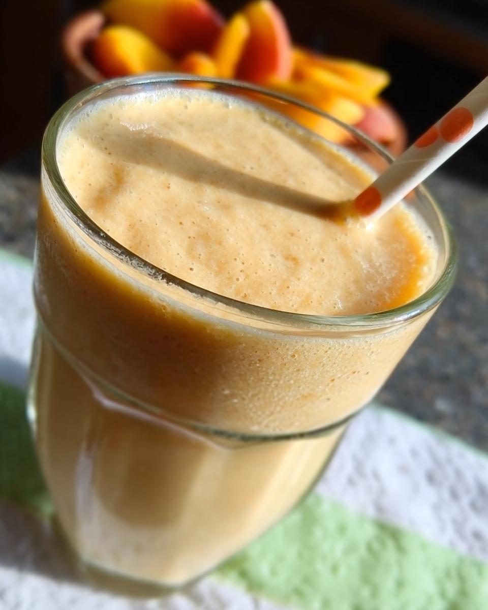 Close-up of a thick, creamy Peach Yogurt Smoothie in a glass with a polka-dot straw, fresh peaches blurred in the background.
