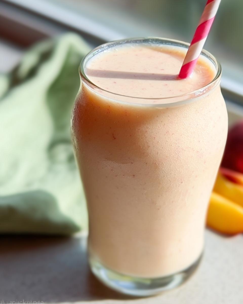 A close-up of a thick, creamy Peach Yogurt Smoothie served in a clear glass with a pink and white striped straw.