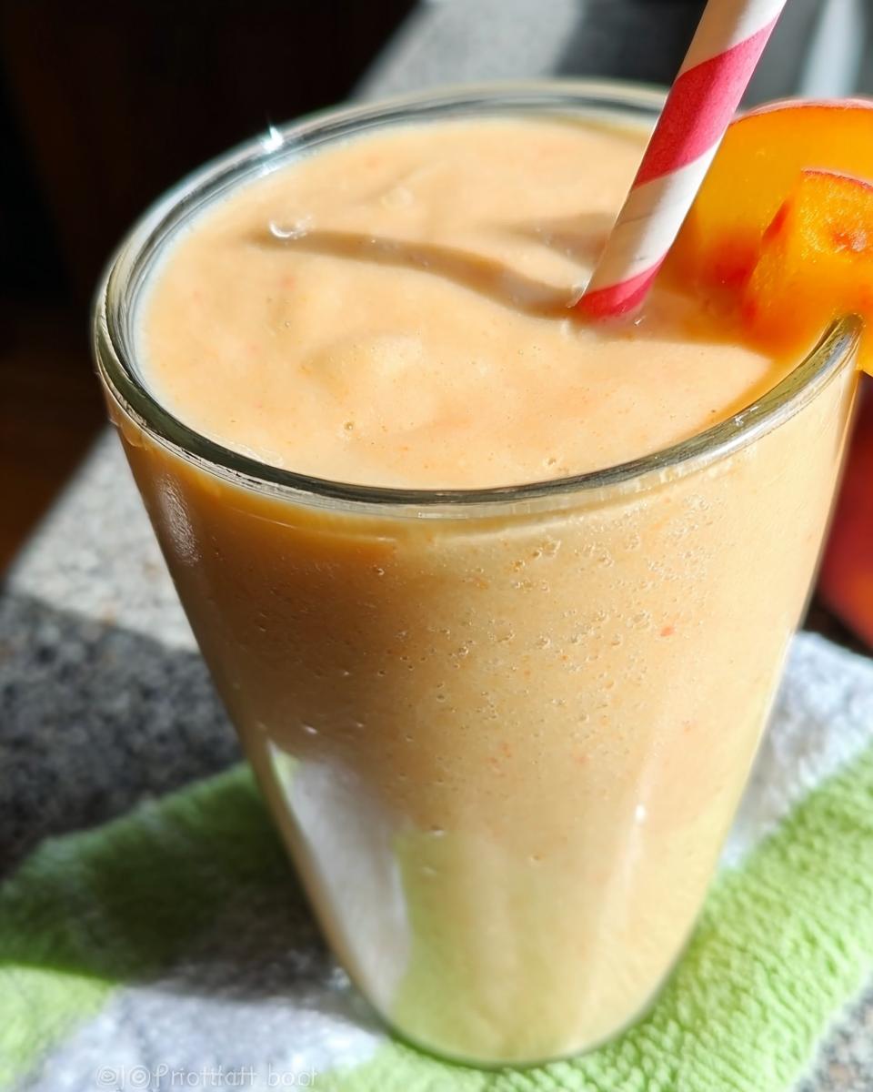Close-up of a thick, creamy Peach Yogurt Smoothie garnished with a fresh peach slice and a striped straw.