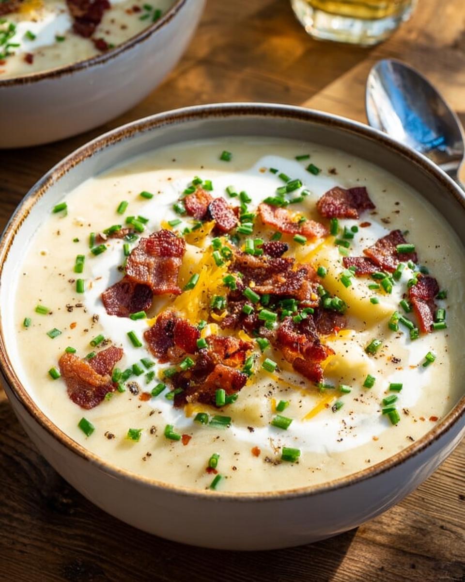 Close-up of a bowl of creamy Potato Soup topped generously with sour cream, crispy bacon bits, shredded cheese, and fresh chives.