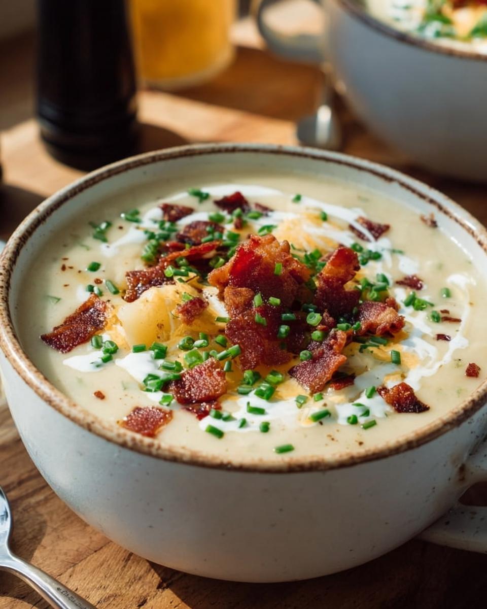 Close-up of a bowl of creamy Potato Soup topped generously with crispy bacon bits, shredded cheese, sour cream, and fresh chives.