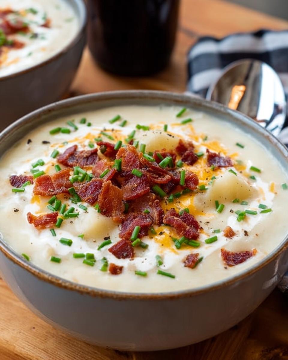 Close-up of a bowl of creamy Potato Soup garnished generously with crispy bacon bits, shredded cheddar cheese, and fresh chives.