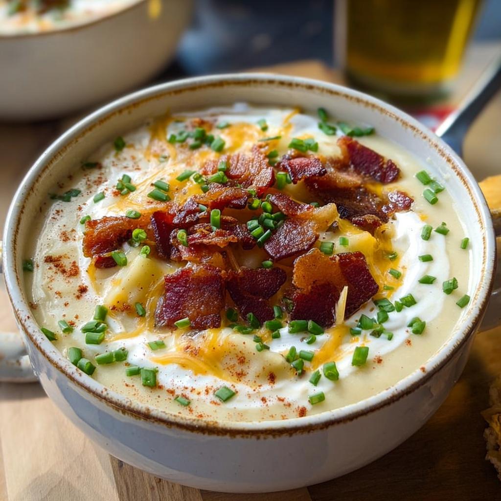 A close-up of a bowl of creamy Potato Soup loaded with shredded cheese, sour cream, crispy bacon bits, and fresh chives.