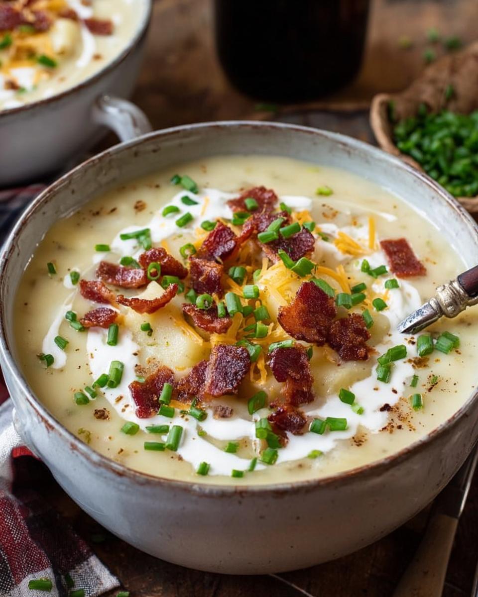 Close-up of a hearty bowl of creamy Potato Soup topped with bacon, cheddar cheese, sour cream, and chives.