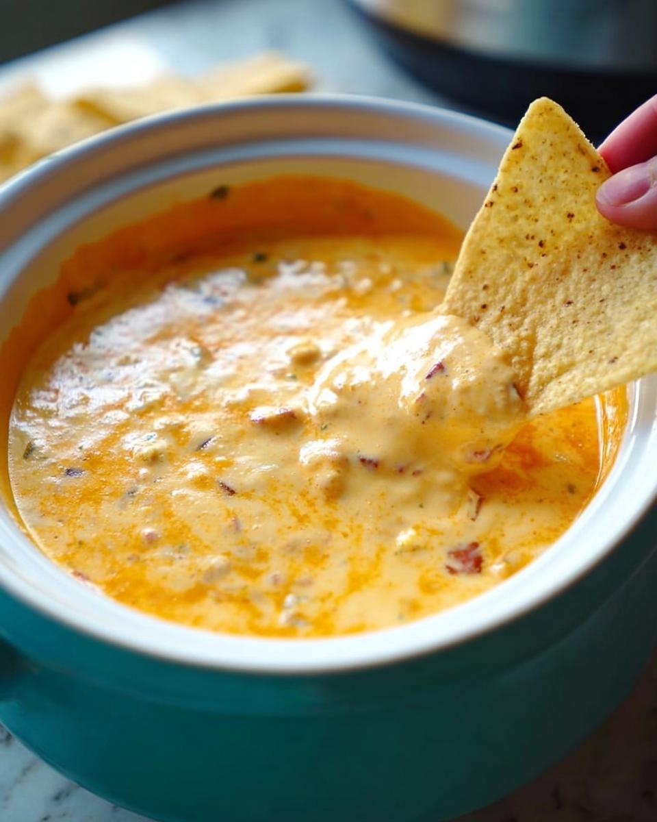 A hand dipping a tortilla chip into a bowl of rich, creamy Queso Dip with visible chunks of ingredients.