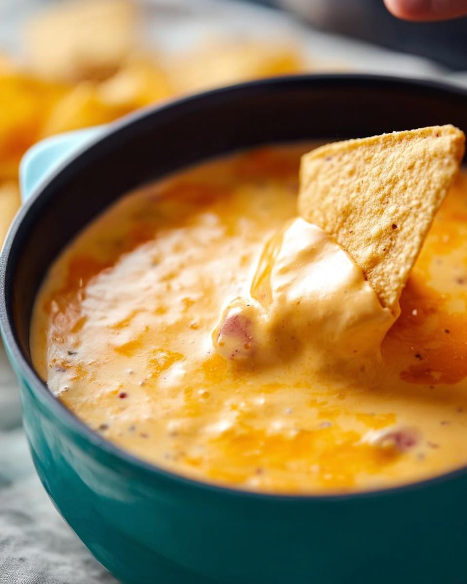 A close-up of a tortilla chip being dipped into a bowl of rich, creamy Queso Dip, showing its smooth texture.