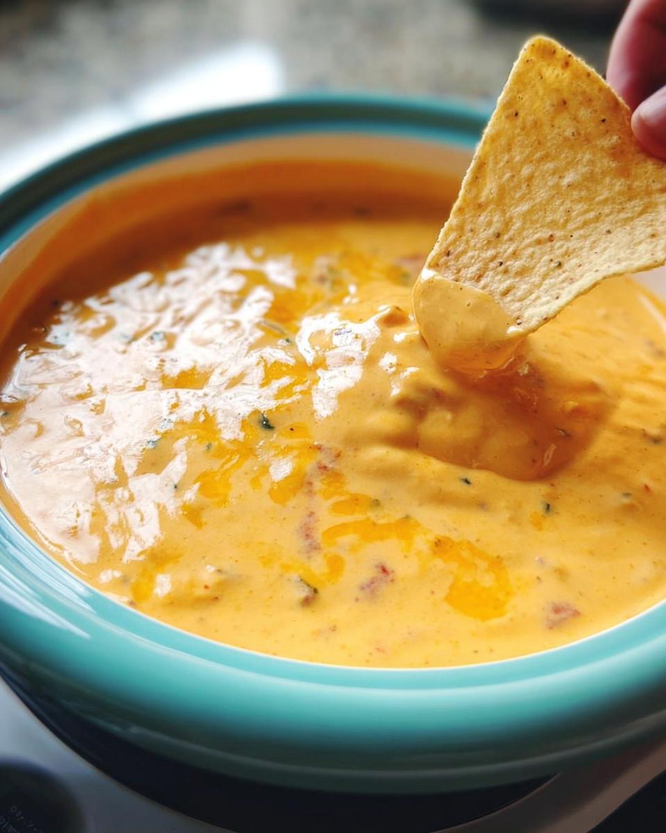 A hand dips a tortilla chip into a bowl of creamy, orange Queso Dip topped with melted cheese.