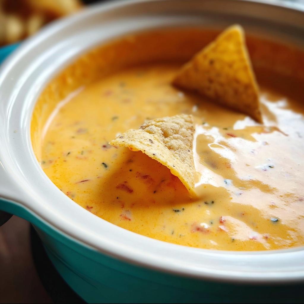 Close-up of creamy, orange Queso Dip in a bowl with two tortilla chips submerged.