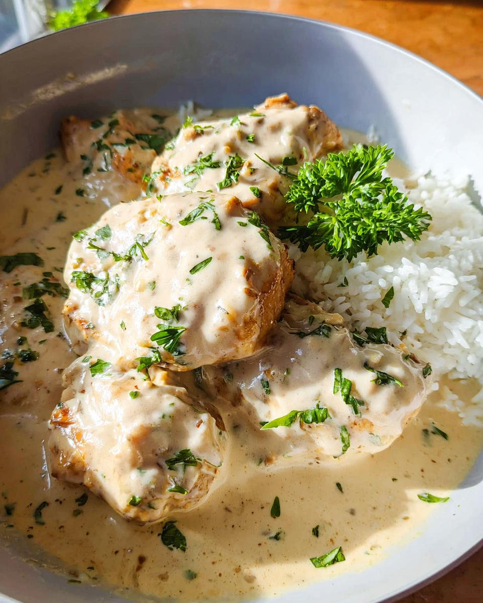 Close-up of Creamy Smothered Chicken and Rice Recipe, smothered in a rich sauce and garnished with parsley.