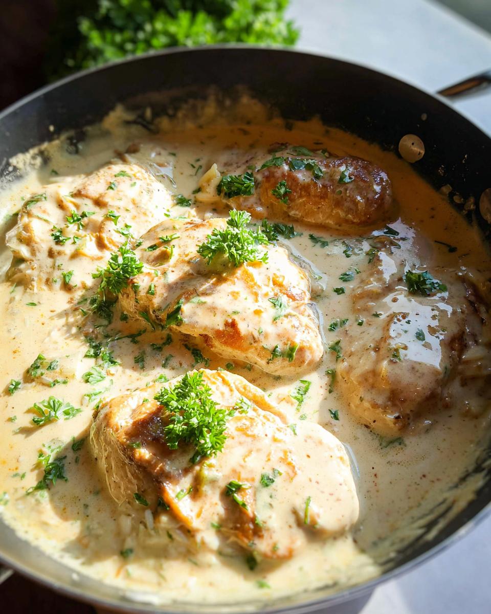 Four golden chicken breasts smothered in a rich, creamy sauce with rice and fresh parsley garnish.