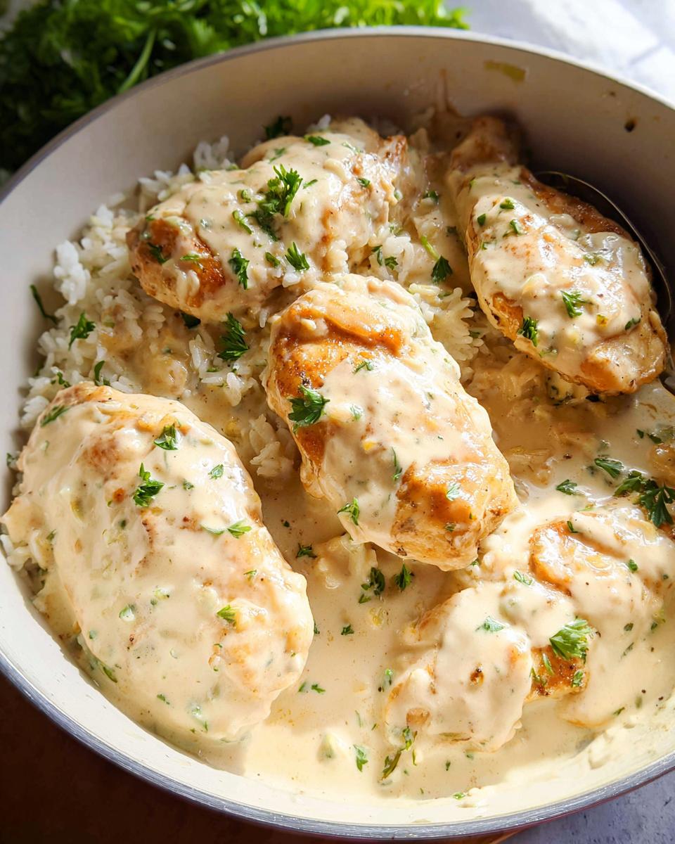 Four pieces of golden seared chicken breasts smothered in a rich, creamy sauce served over white rice.