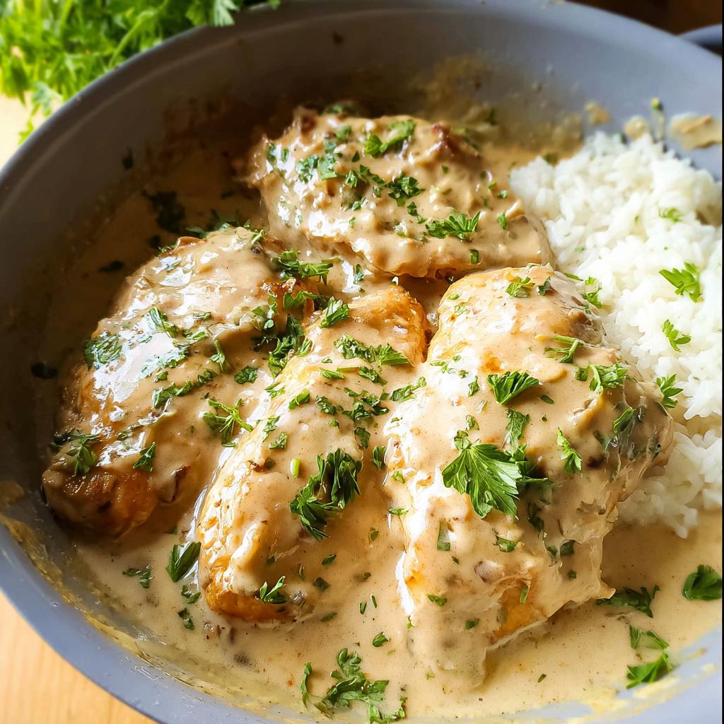 Three pieces of golden chicken smothered in rich, creamy sauce served with white rice in a gray skillet.