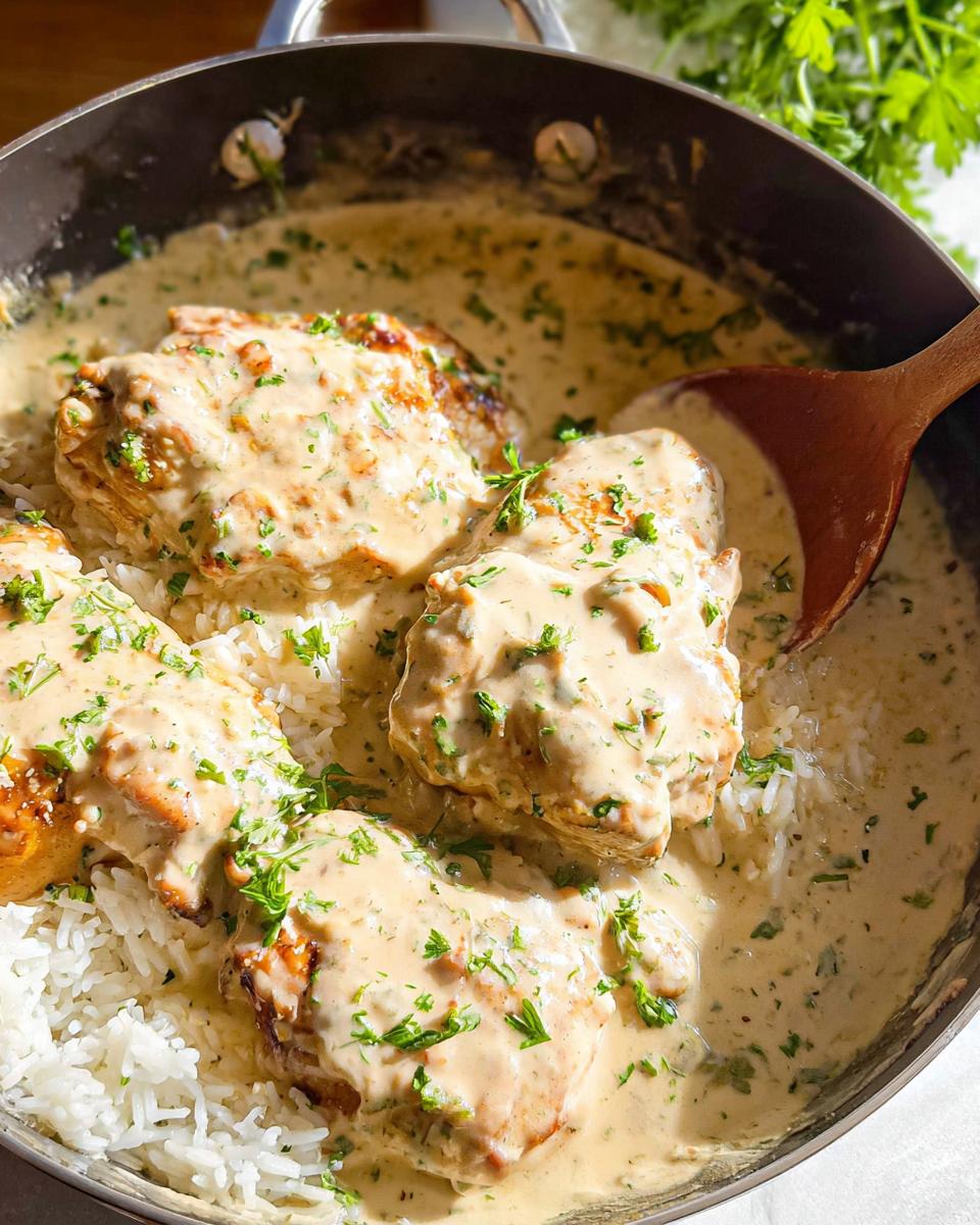 Four pieces of chicken smothered in a creamy sauce served over white rice in a skillet for a Creamy Smothered Chicken and Rice Recipe.