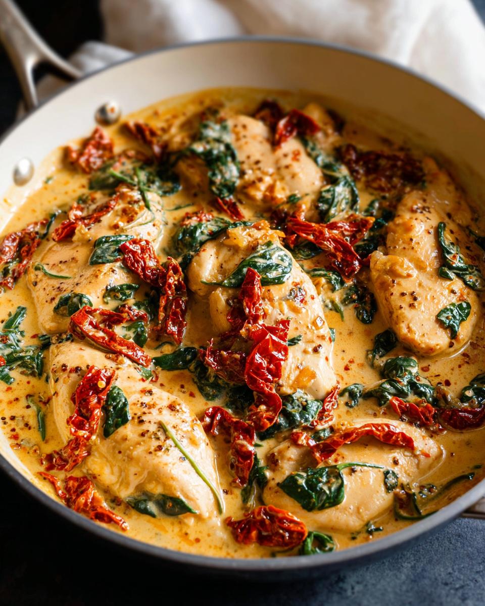 Close-up of Creamy Tuscan Chicken Skillet with spinach and sun-dried tomatoes in a rich sauce.