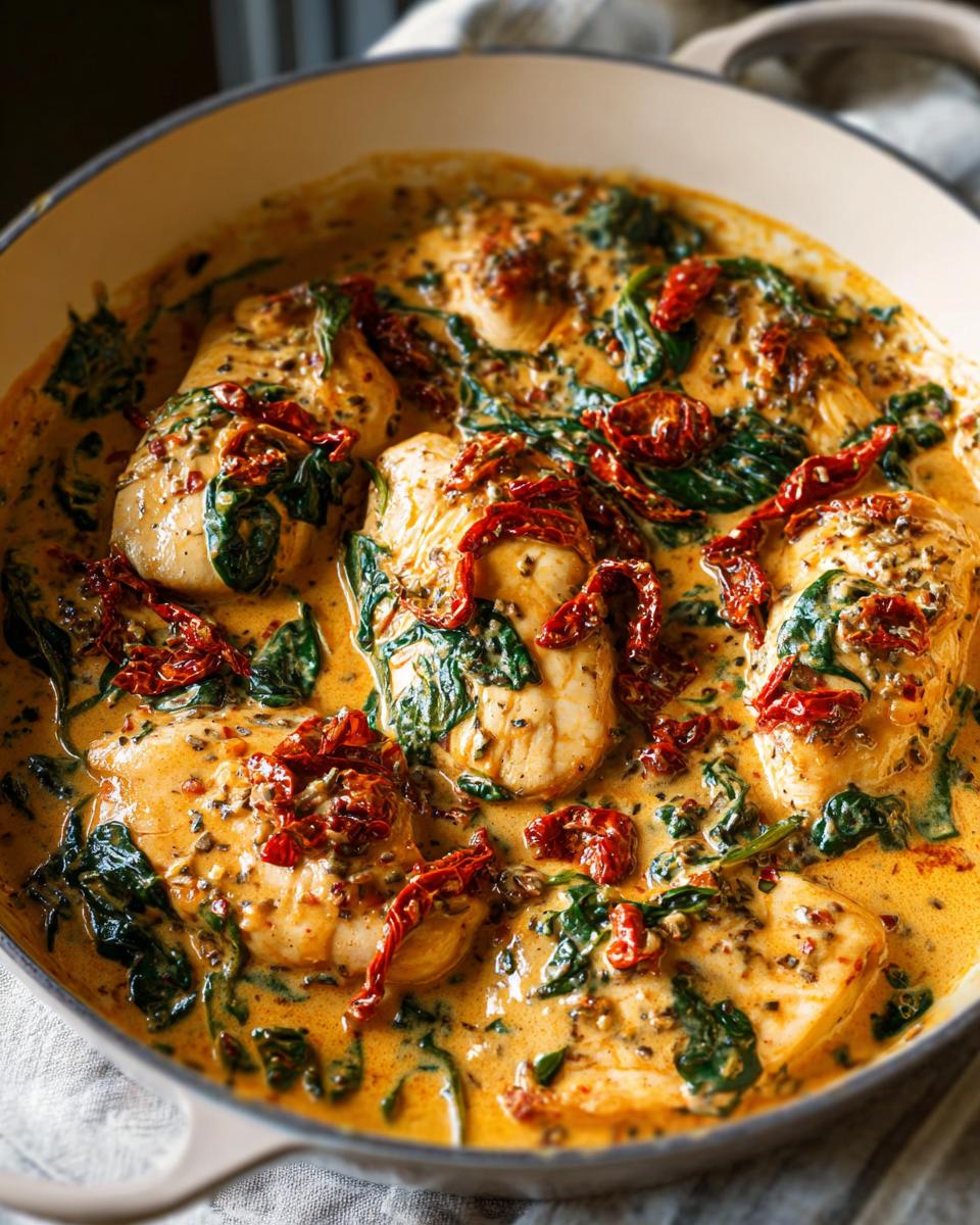 Close-up of tender chicken breasts in a rich, creamy sauce with spinach and sun-dried tomatoes in a skillet.