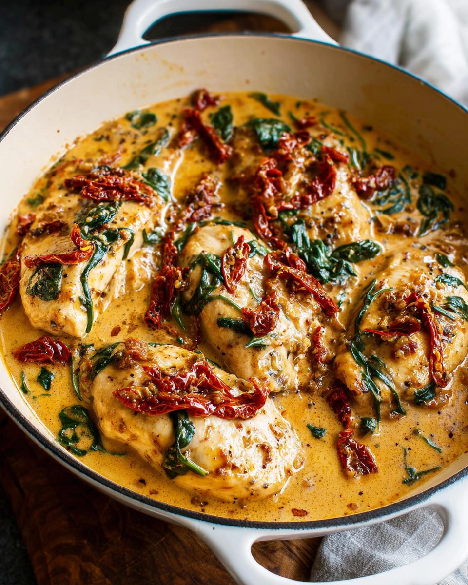 Close-up of Creamy Tuscan Chicken (Skillet) with spinach and sun-dried tomatoes in a white pan.