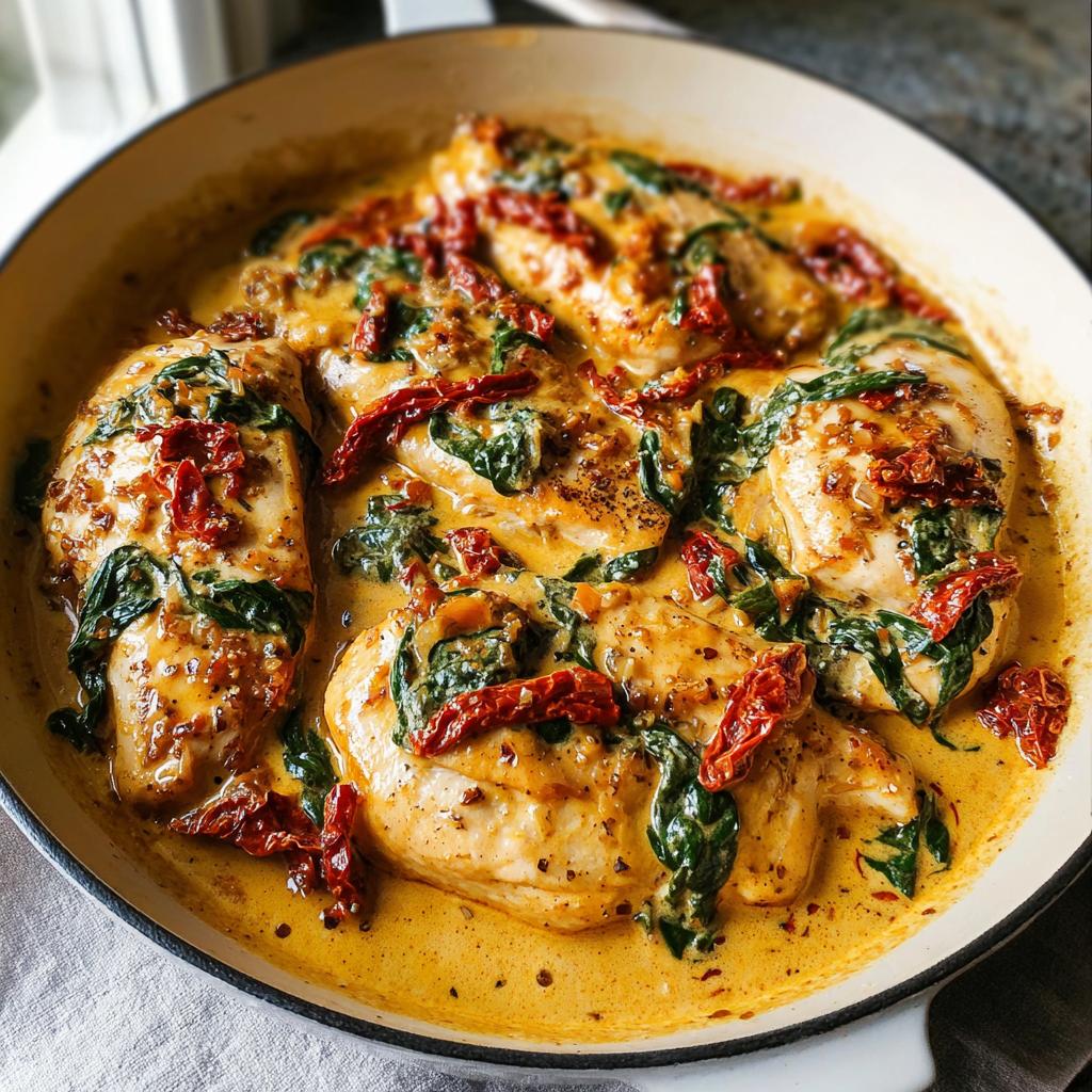 Close-up of Creamy Tuscan Chicken Skillet with tender chicken breasts in a rich, creamy sauce with spinach and sun-dried tomatoes.